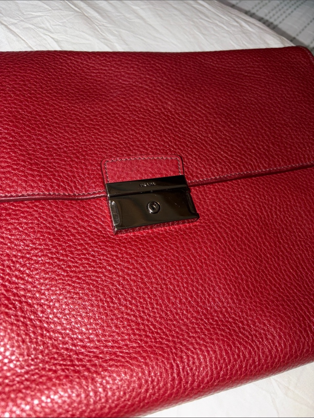 PRADA Red Leather Envelope Clutch with Lock & Key (13 W x 9 H)